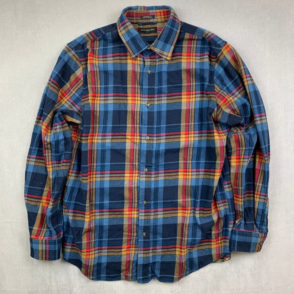 men's Banana Republic flannel blue red plaid long sleeve shirt large